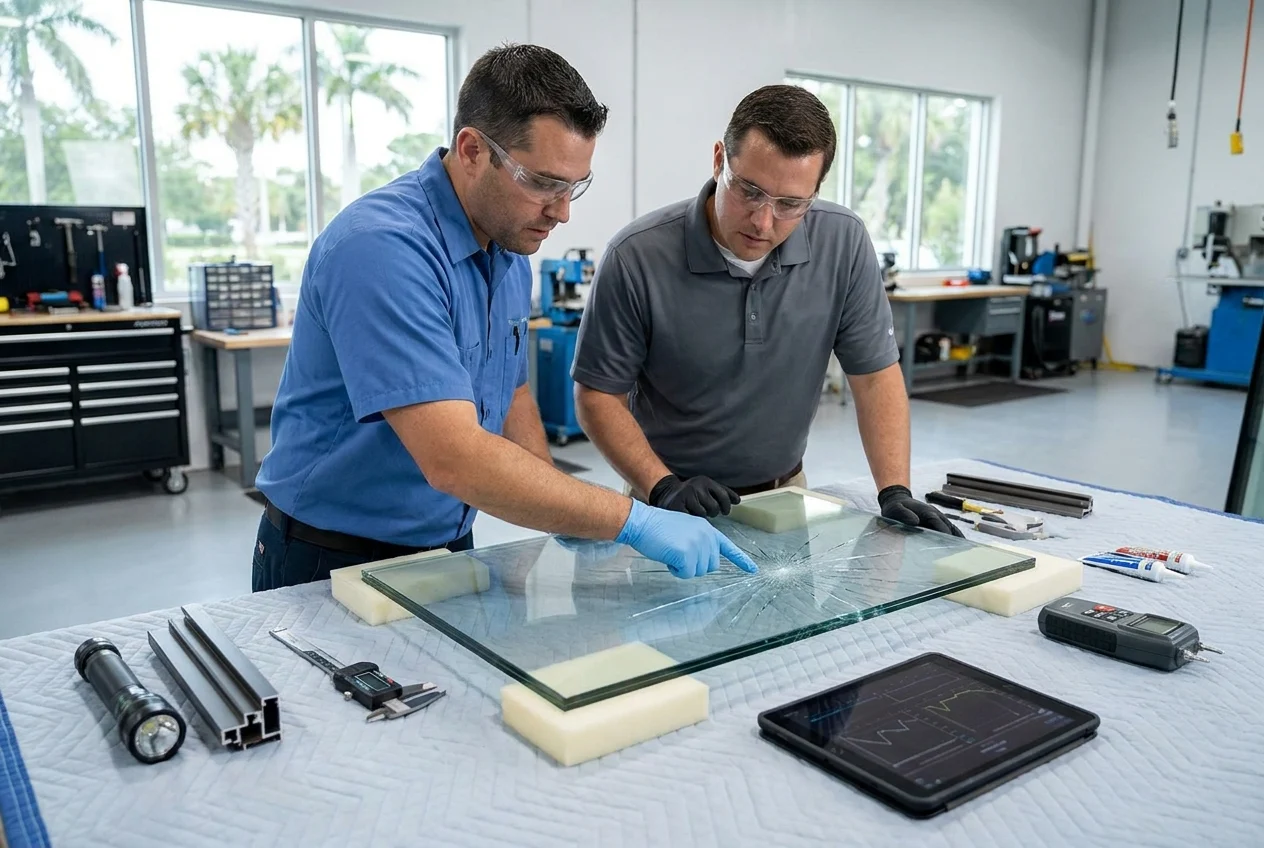 Technicians examine a cracked laminated impact-glass sample and testing tools