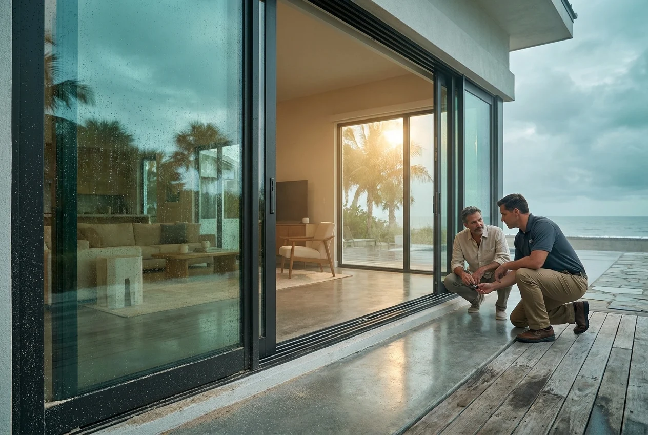 Homeowner and installer inspect a coastal home's sliding glass door
