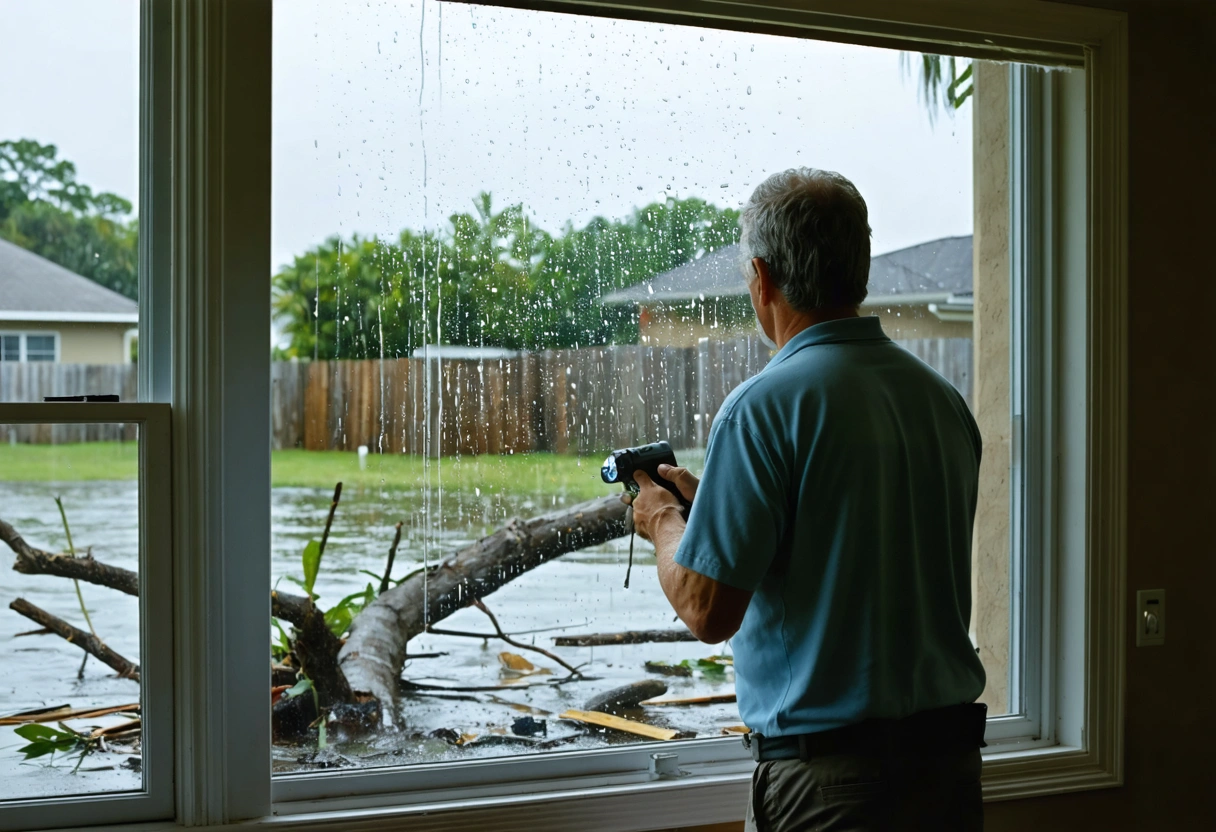 Homeowner and window professional inspect intact impact glass during storm surge