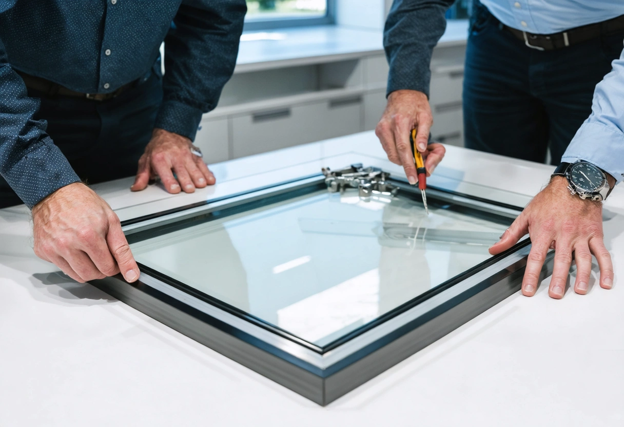 Vinyl, aluminum, and fiberglass window frame samples displayed together