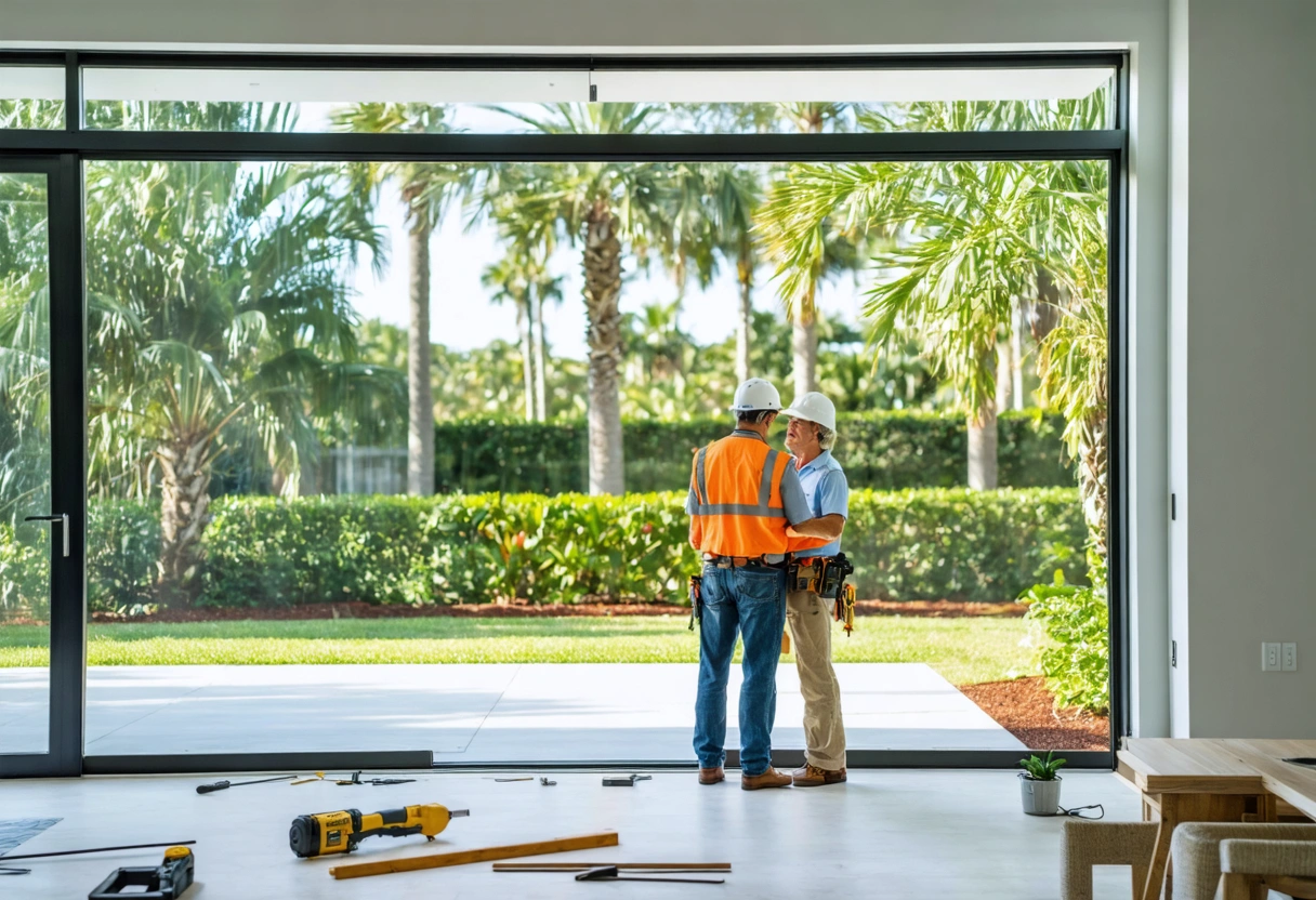 Installer explains an energy-efficient window to a homeowner in a coastal home